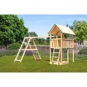 Karibu Kinderspielturm Danny Set Doppelschaukelanbau Klettergerüst Netzrampe