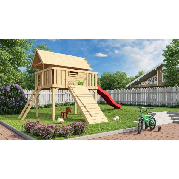 Karibu Stelzenhaus Fidel Set Natur Wellenrutsche 3 m Rot Holzrampe