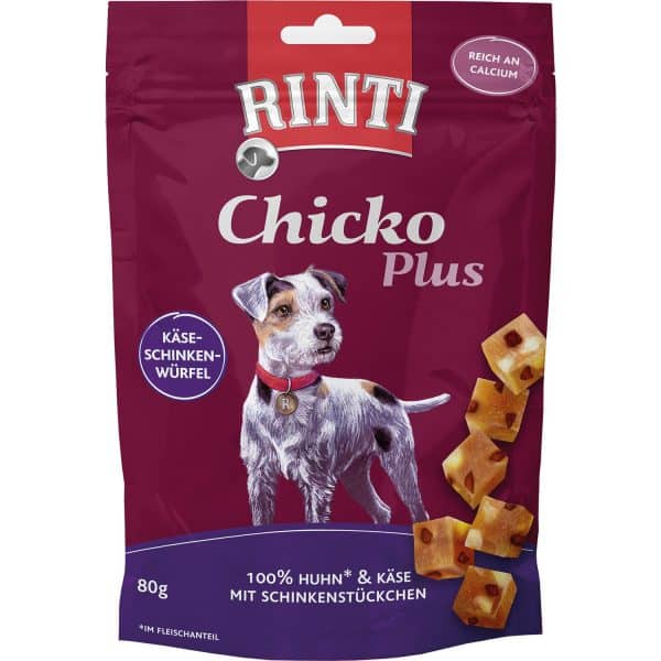 Rinti Hunde-Natursnacks Chicko Plus Käse-Schinken-Würfel mit Huhn 80 g