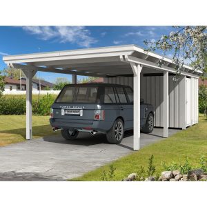 Skan Holz Einzelcarport Leimholz Weiß 404 cm x 846 cm mit Abstellraum