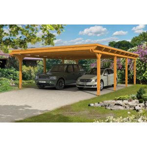 Skan Holz Doppelcarport Leimholz Eiche hell 613 cm x 846 cm Dachplatten