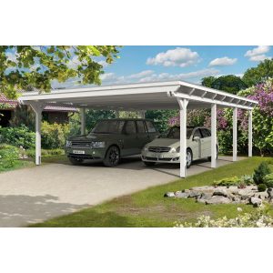 Skan Holz Doppelcarport Leimholz Weiß 613 cm x 846 cm EPDM Dachbahn