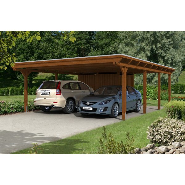 Skan Holz Carport Emsland 613 cm x 846 cm mit Abstellraum Nussbaum