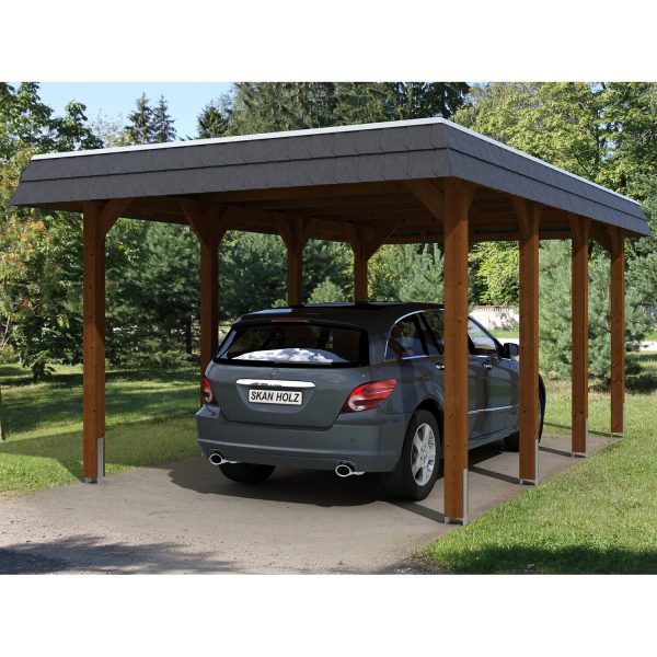 Skan Holz Carport Spreewald 345 cm x 589 cm EPDM Dach schwarze Blende Nussbaum