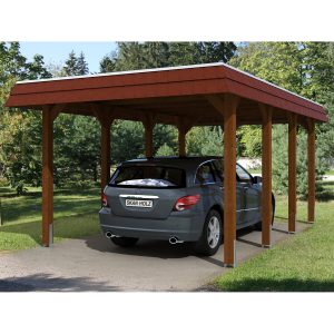 Skan Holz Carport Spreewald 345 cm x 589 cm rote Blende Nussbaum