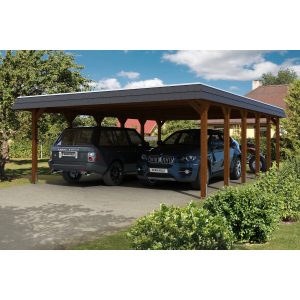 Skan Holz Carport Spreewald 585 cm x 893 cm EPDM Dach schwarze Blende Nussbaum