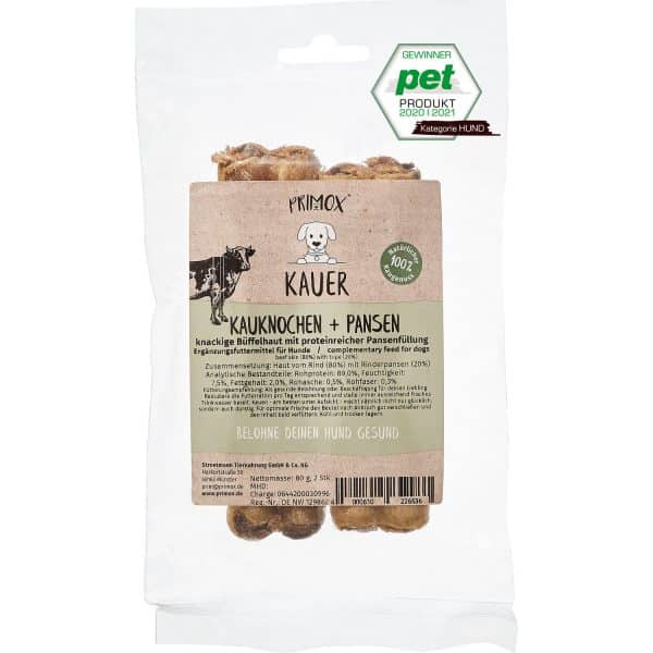 Primox Hunde-Snack Kauer Büffelhautknochen 11 cm Pansenfüllung 2 Stück