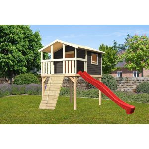 Karibu Stelzenhaus Benjamin Set Terragrau Holzrampe Rutsche 3 m Rot