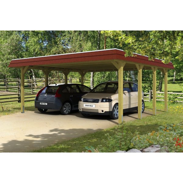 Skan Holz Walmdach-Doppelcarport Spreewald 585 cm x 589 cm Blende Rot