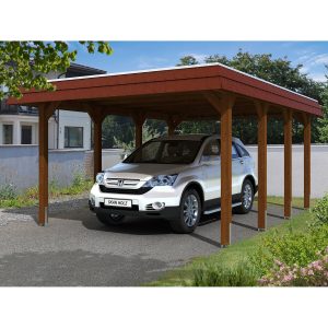 Skan Holz Carport Spreewald 396 cm x 589 cm rote Blende Nussbaum