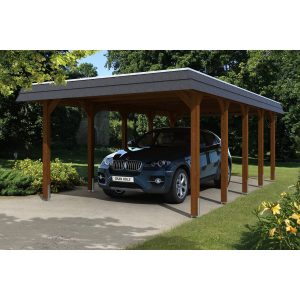 Skan Holz Carport Spreewald 396 cm x 741 cm schwarze Blende Nussbaum