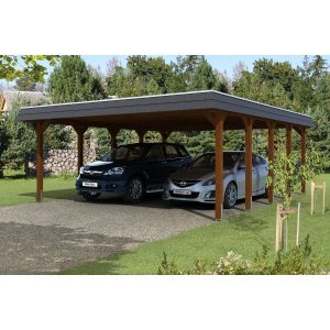 Skan Holz Carport Spreewald 585 cm x 741 cm EPDM Dach schwarze Blende Nussbaum