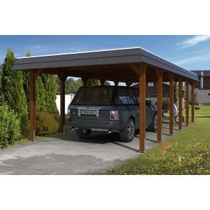 Skan Holz Carport Spreewald 396 cm x 893 cm schwarze Blende Nussbaum