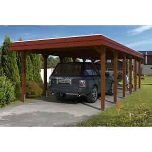 Skan Holz Carport Spreewald 396 cm x 893 cm rote Blende Nussbaum