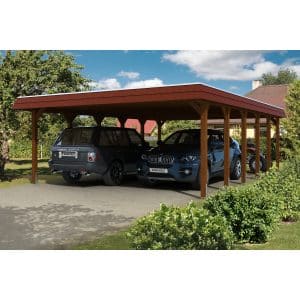 Skan Holz Carport Spreewald 585 cm x 893 cm Alu-Dach rote Blende Nussbaum