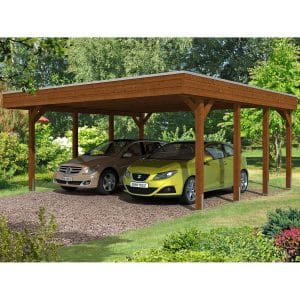 Skan Holz Doppelcarport Holz Nussbaum 557 cm x 555 cm