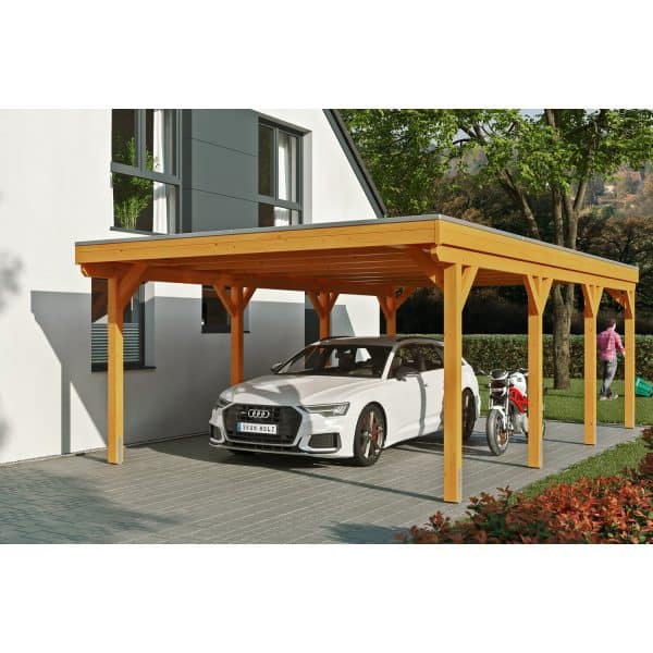 Skan Holz Carport Grunewald 427 cm x 796 cm mit EPDM-Dach Eiche Hell