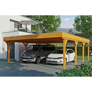 Skan Holz Carport Grunewald 622 cm x 796 cm mit Aluminiumdach Eiche Hell