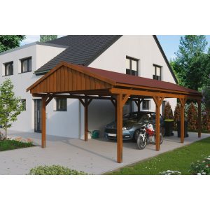 Skan Holz Carport Fichtelberg 423 cm x 808 cm Rote Schindeln Nussbaum