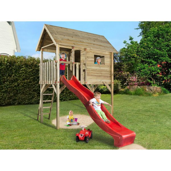 Weka Stelzen-Spielhaus Tabaluga mit Wellenrutsche Rot 332 cm x 125 cm x 235 cm