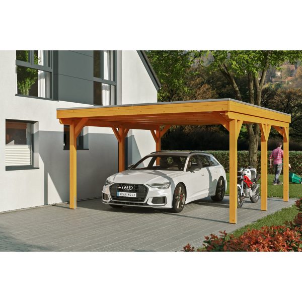 Skan Holz Carport Grunewald 427 cm x 554 cm mit Aluminiumdach Eiche Hell