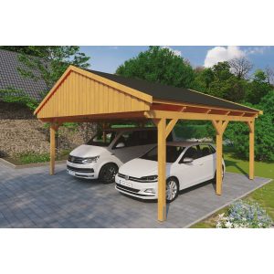 Skan Holz Carport Fichtelberg 618 cm x 566 cm Schwarze Schindeln Eiche Hell