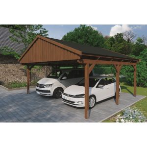 Skan Holz Carport Fichtelberg 618 cm x 566 cm Schwarze Schindeln Nussbaum