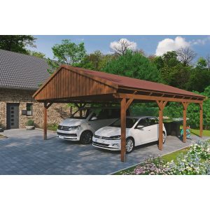 Skan Holz Carport Fichtelberg 618 cm x 808 cm Rote Schindeln Nussbaum