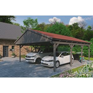 Skan Holz Carport Fichtelberg 618 cm x 808 cm Rote Schindeln Schiefergrau