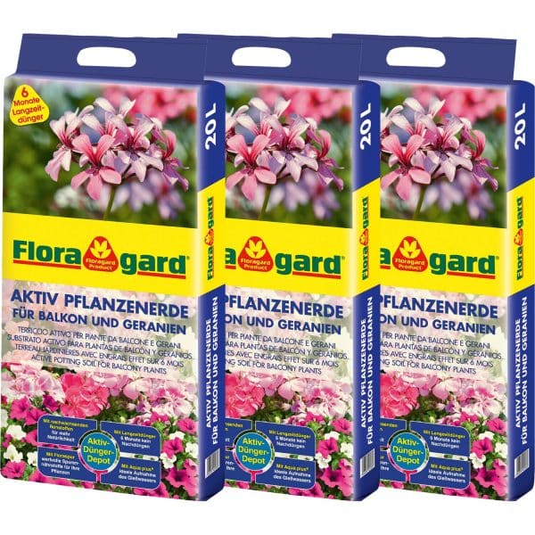 Floragard Aktiv Pflanzenerde für Balkon und Geranien 3 x 20 l