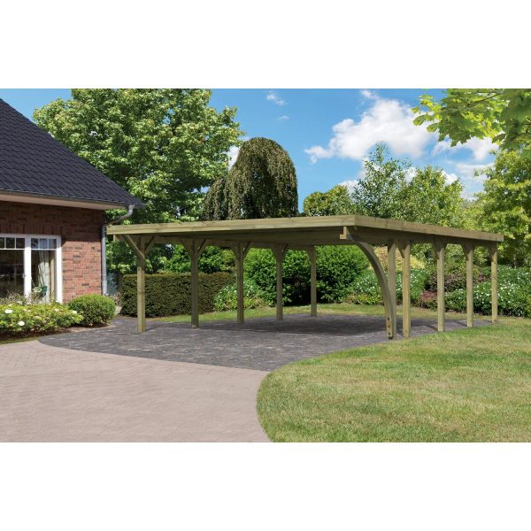 Karibu Doppelcarport Classic 3 PVC-Dach mit einem Einfahrtsbogen