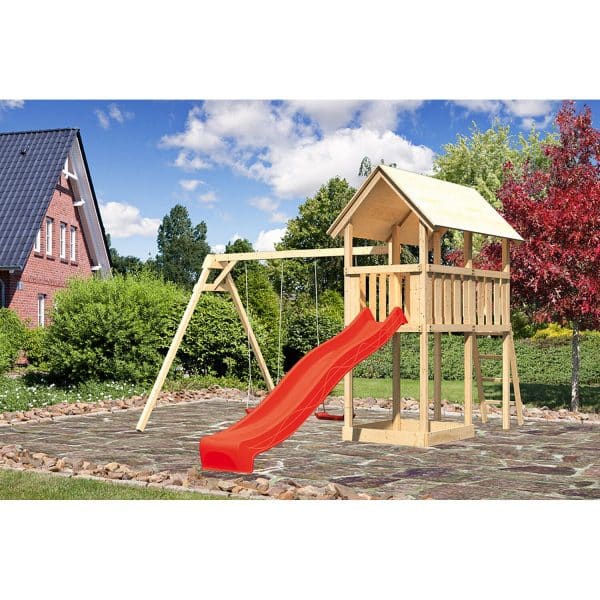 Kinderspielturm Danny Satteldach Set naturb. Doppelschaukel Eco u. Rutsche Rot