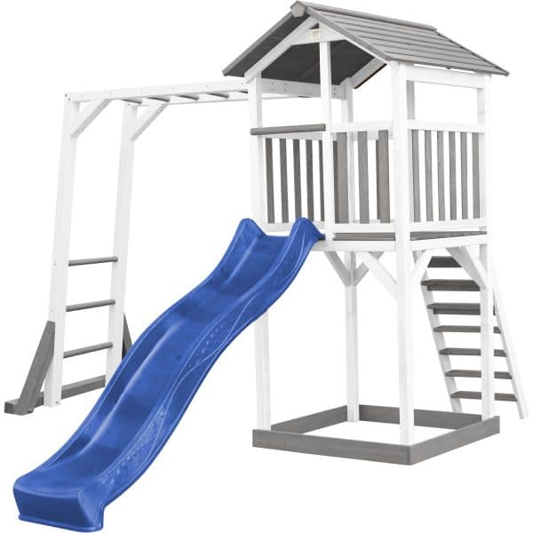 AXI Beach Tower Spielturm mit Klettergerüst Blaue Rutsche 349 x 270