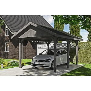 Satteldach-Carport Wallgau Schiefergrau 380 x 500 cm schwarze Schindeln