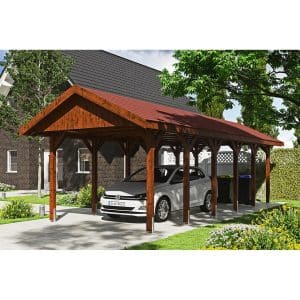 Satteldach-Carport Wallgau Nussbaum 380 x 900 cm rote Schindeln