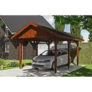 Satteldach-Carport Wallgau Nussbaum 380 x 500 cm schwarze Schindeln