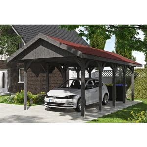 Satteldach-Carport Wallgau Schiefergrau 380 x 750 cm rote Schindeln