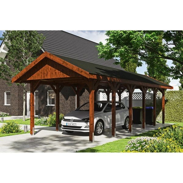 Satteldach-Carport Wallgau Nussbaum 380 x 900 cm schwarze Schindeln