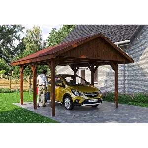 Satteldach-Carport Wallgau Nussbaum 430 x 500 cm rote Schindeln