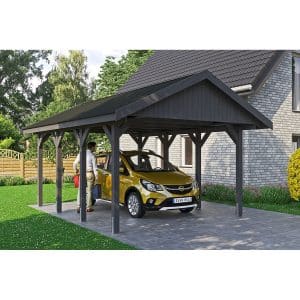 Satteldach-Carport Wallgau Schiefergrau 430 x 600 cm schwarze Schindeln