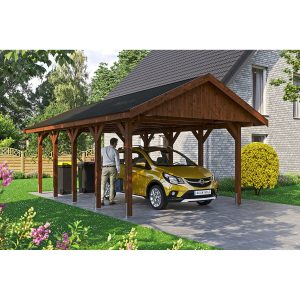 Satteldach-Carport Wallgau Nussbaum 430 x 750 cm schwarze Schindeln