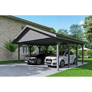 Satteldach-Carport Wallgau Schiefergrau 620 x 600 cm schwarze Schindeln