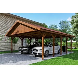 Satteldach-Carport Wallgau Nussbaum 620 x 750 cm rote Schindeln