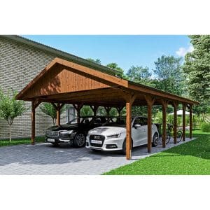 Satteldach-Carport Wallgau Nussbaum 620 x 900 cm schwarze Schindeln