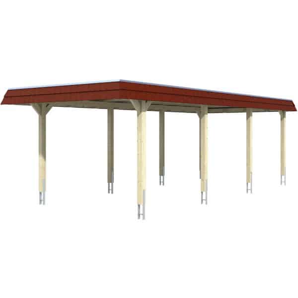 Skan Holz Carport Wendland Natur 362 x 870 cm Alu-Dach Blende Rot