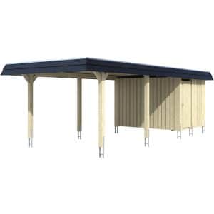 Skan Holz Carport Wendland Weiß + Anbau 362 x 870 cm Alu-Dach Blende Schwarz