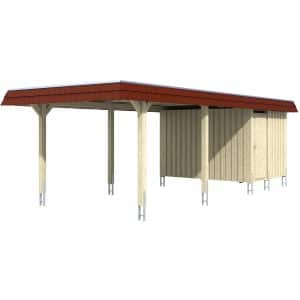 Skan Holz Carport Wendland Nussbaum + Anbau 362 x 870 cm EPDM-Dach Blende Rot