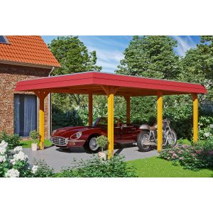 Skan Holz Carport Wendland Eiche hell 409 x 628 cm Alu-Dach Blende Rot
