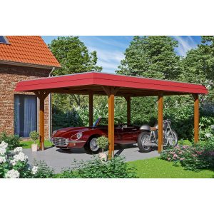 Skan Holz Carport Wendland Nussbaum 409 x 628 cm EPDM-Dach Blende Rot