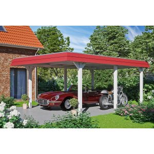 Skan Holz Carport Wendland Weiß 409 x 628 cm Alu-Dach Blende Rot